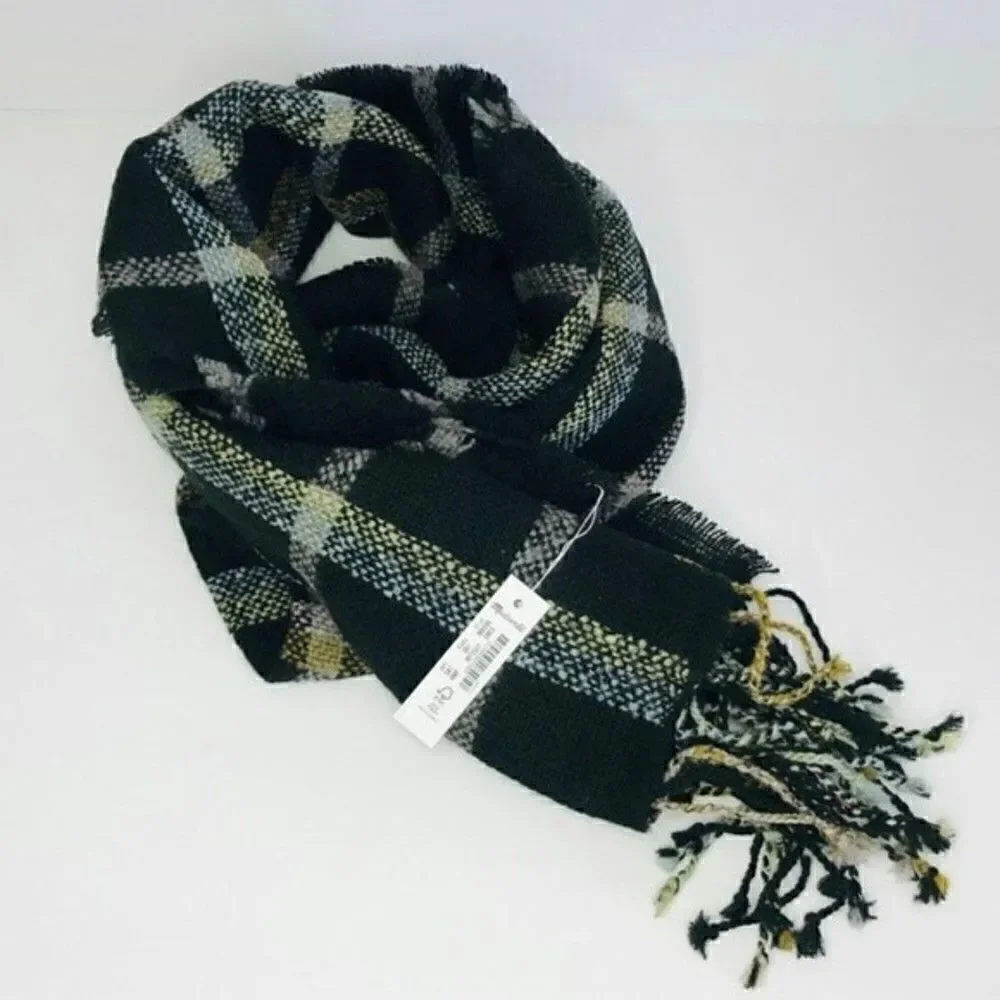 New! Madewell Oversized Black Plaid Gauzy Fringe Wool Raw Hem Blanket Scarf